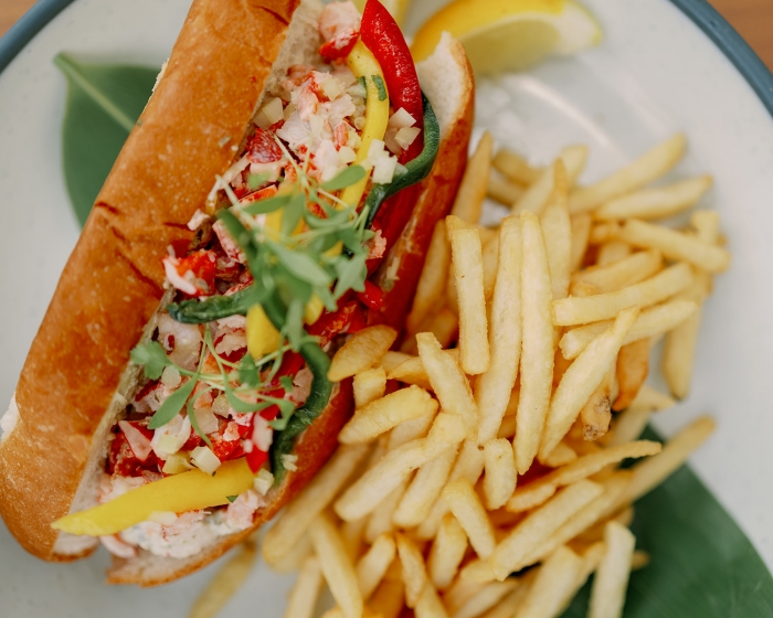 close up view of a lobster roll and fries
