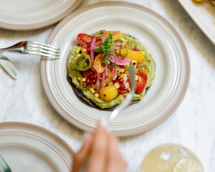 overhead view of food on a table