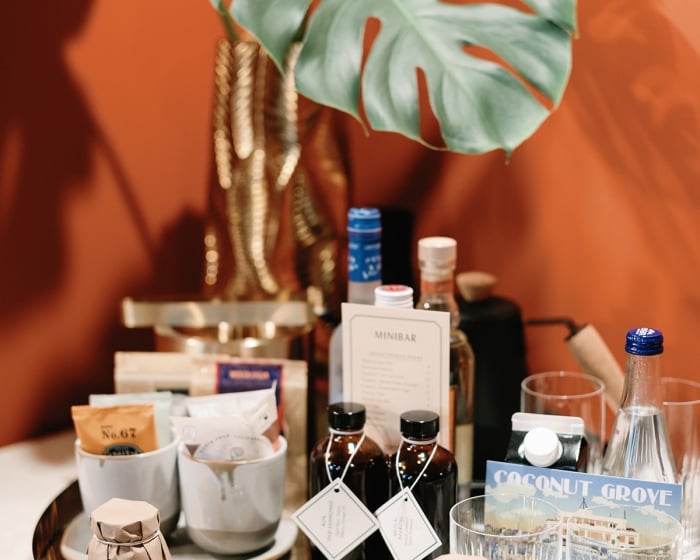 a tray of drinks sitting on a table